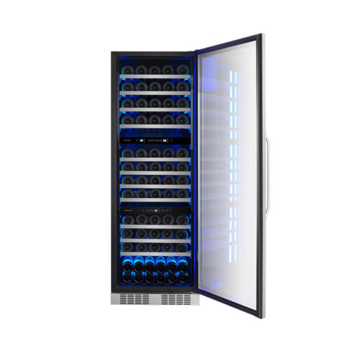Vista interior de la cava Winefroz WMN143 T conj 119 botellas en sus estantes