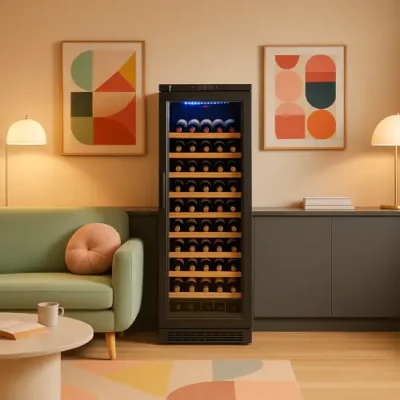 Vista de una cava para vinos en un moderno departamento