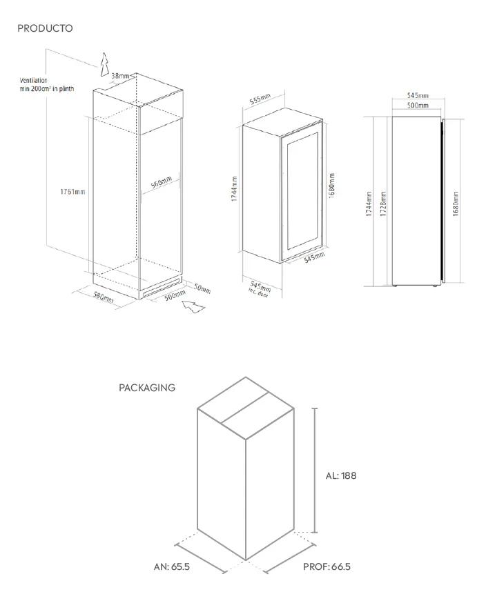Medidas de la cava Winefroz MN 90 BI Panelable